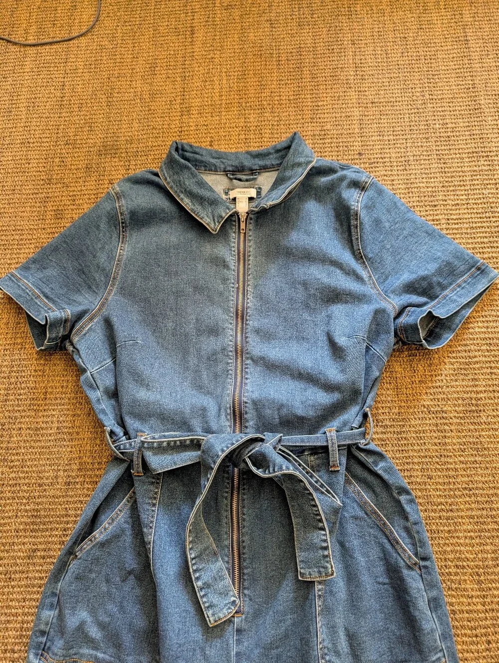 Forever 21 Blue Denim Short-Sleeve Zip Jumpsuit with Tie Belt Raw Hem